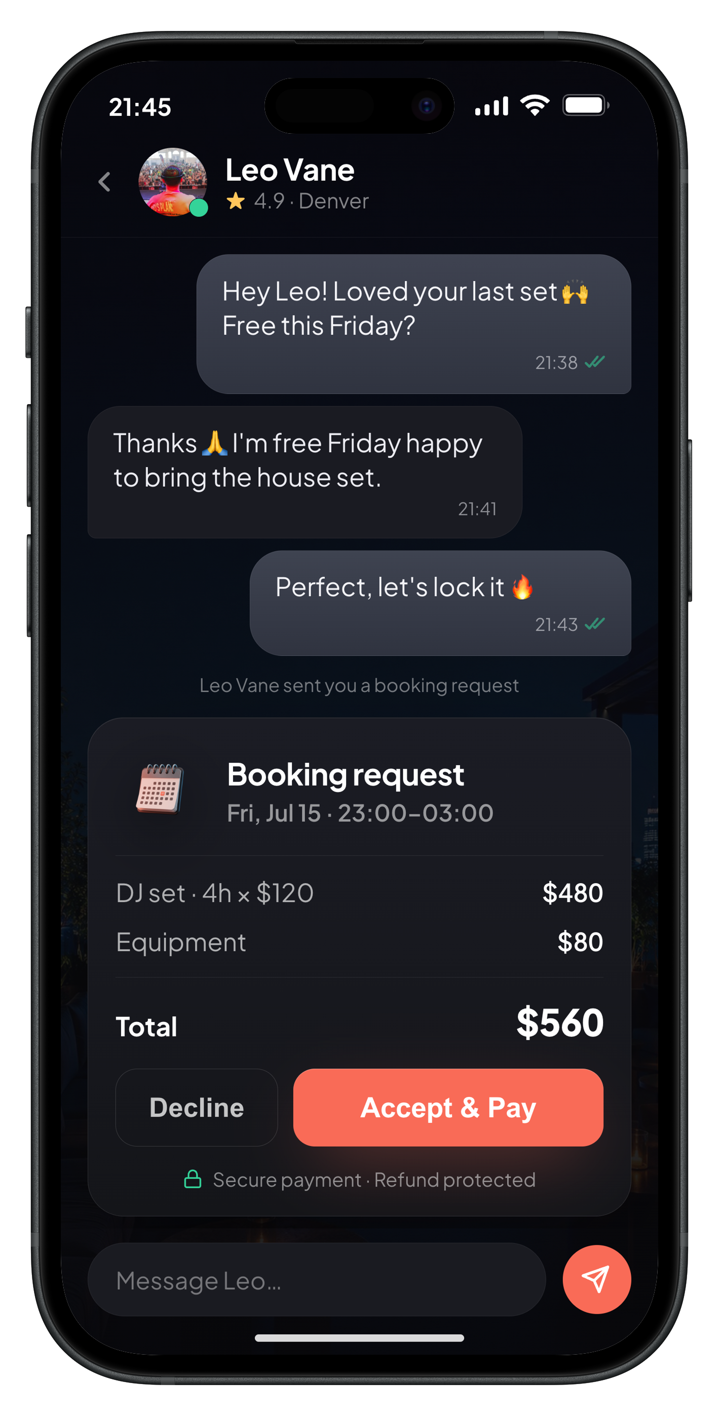 Shooom app — booking chat with a DJ, ending in secure payment